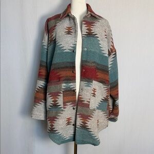 AMOLI Women's Southwestern Patterned Snap Front Shacket Size M Aztec Loose Fit